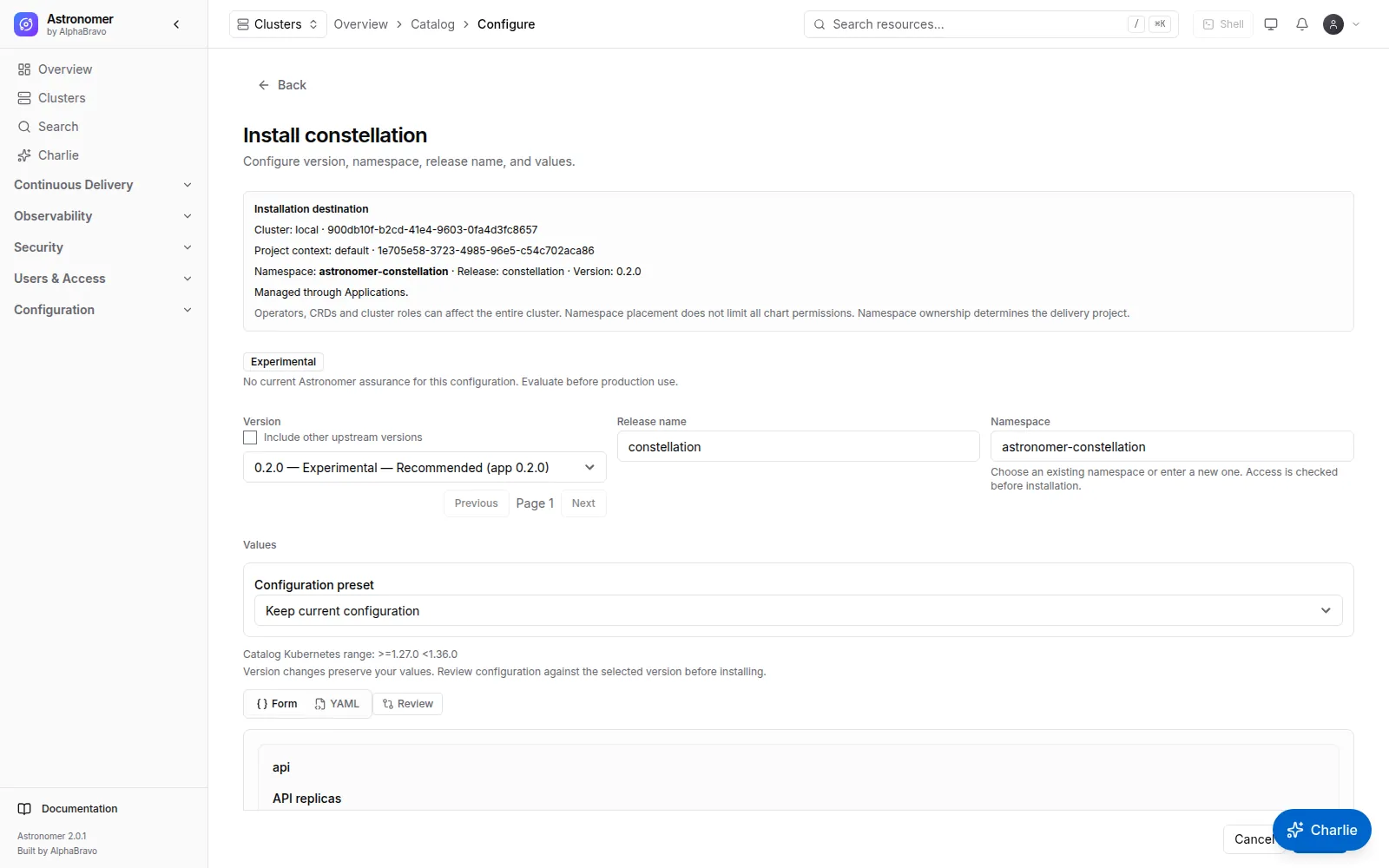 Install Constellation from Astronomer: Astronomer’s catalog install form for Constellation, with its curated settings and the recommended astronomer-constellation namespace. Captured in the Astronomer console.