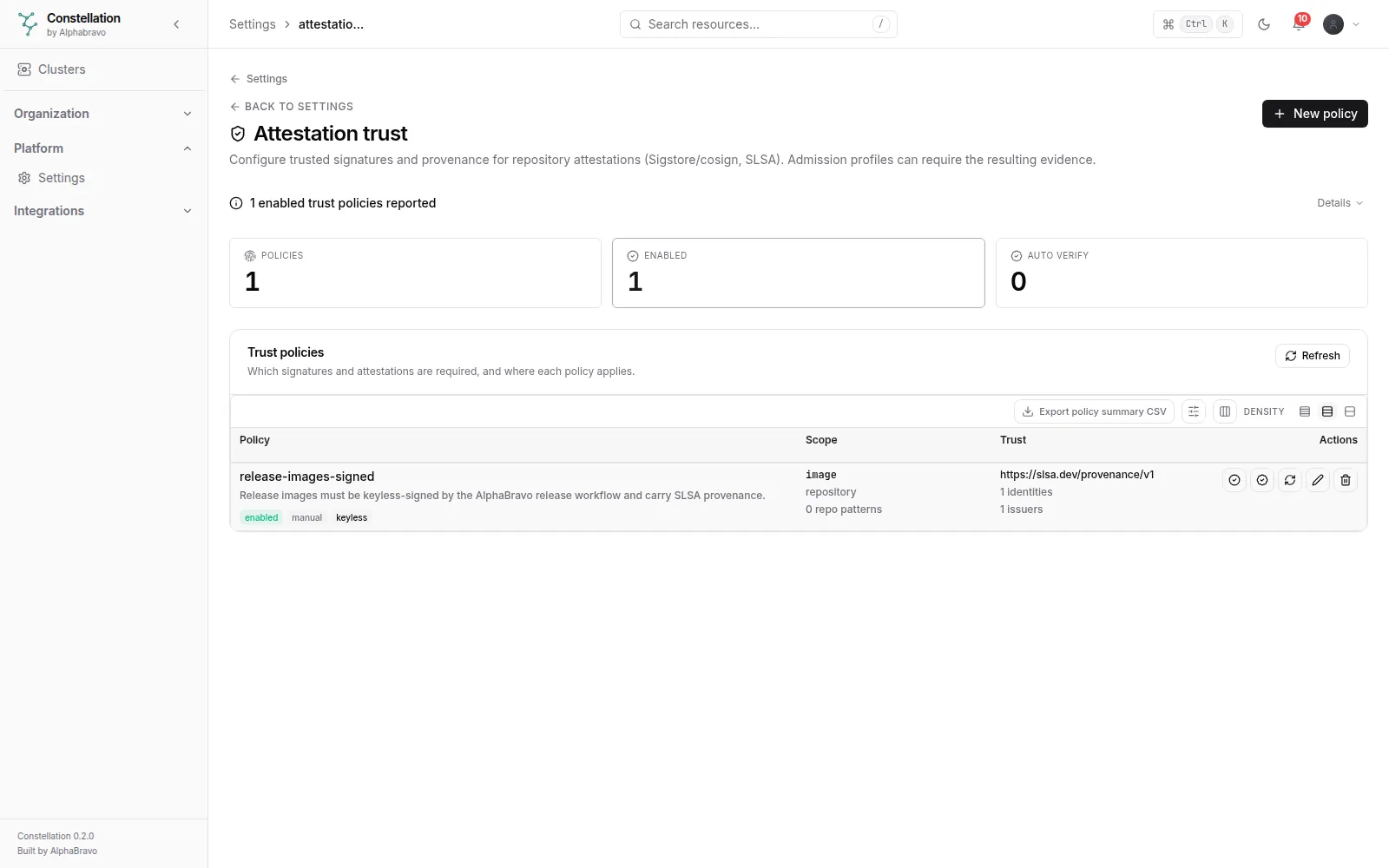 Trust policies: Which signatures and attestations are required, where each policy applies and whether pending attestations verify automatically.