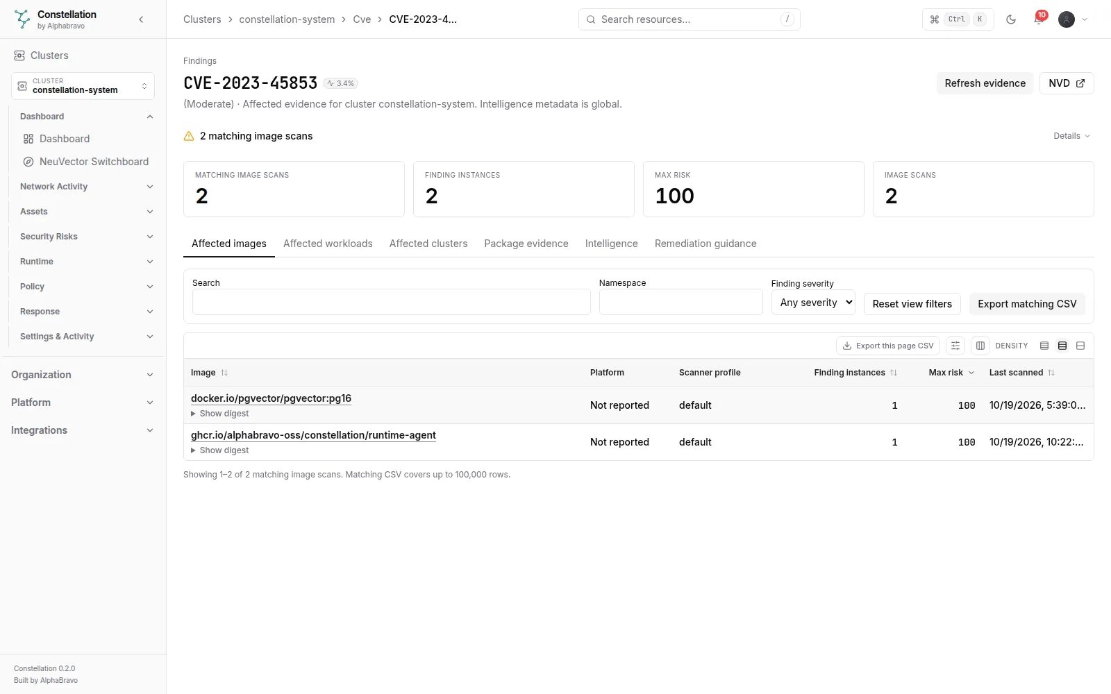 CVE detail: EPSS, fix advice and the images, deployments and clusters affected by one CVE.