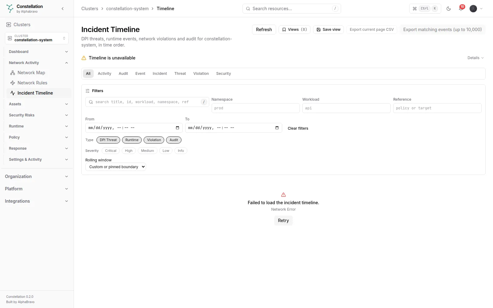 Timeline: Events from every source on one timeline, filtered by category, namespace, workload and time.